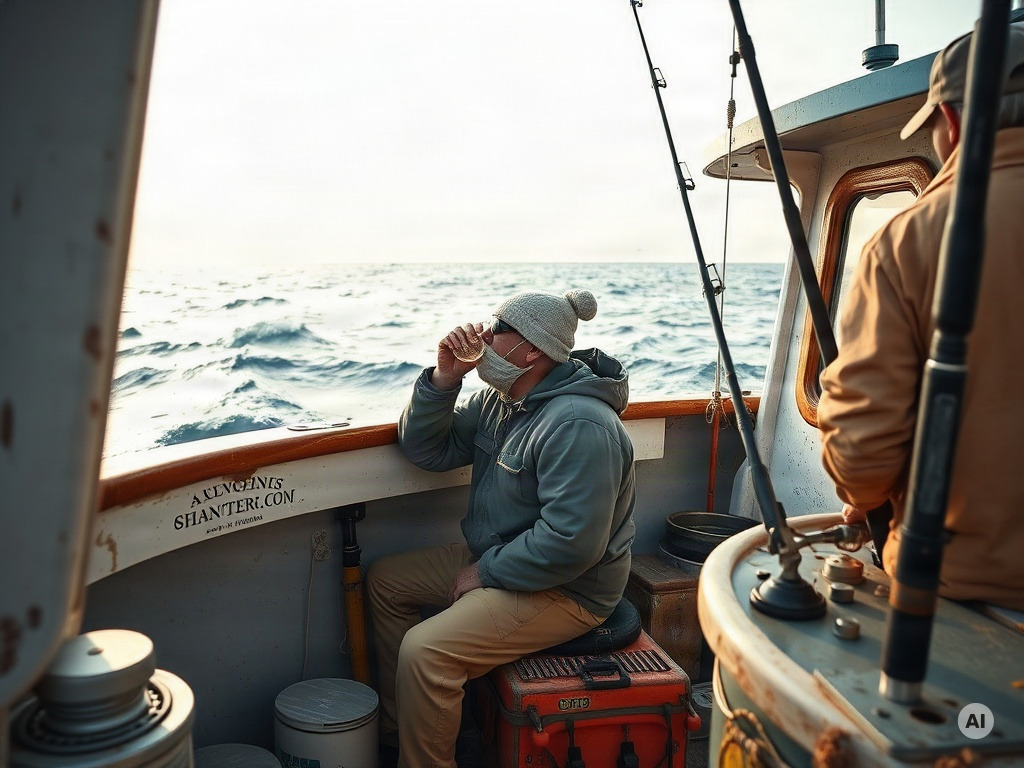 outdoor fishing photograph aboard a weathered US coastal charter boat, queasy angler seated midship focusing on the distant - AI-generated image