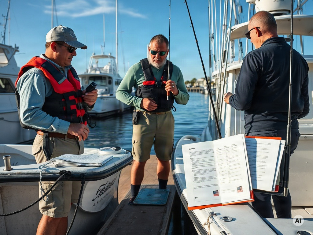Charter captain and anglers conducting dockside safety checks at a Florida coastal marina, inspecting life jackets - AI-generated image