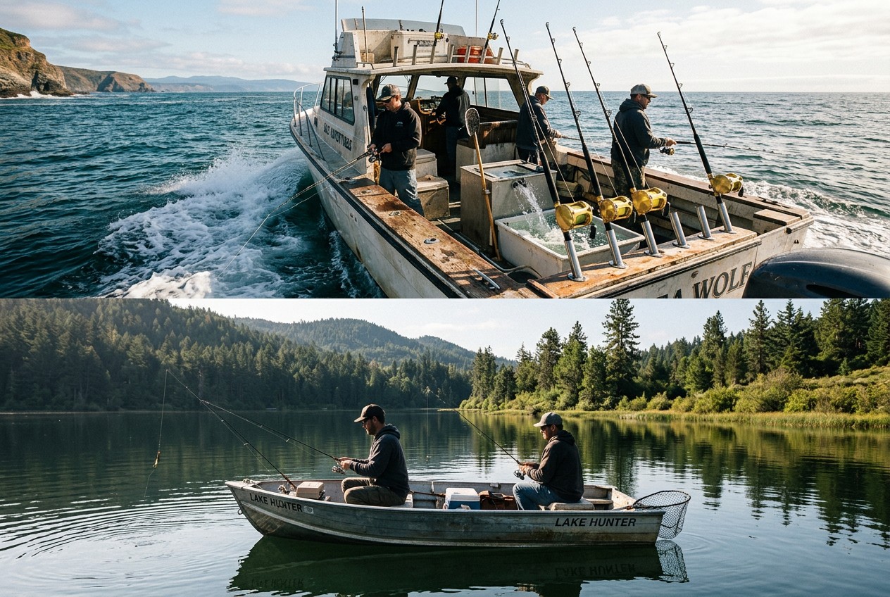 Split-scene fishing photograph: an offshore charter boat crossing coastal saltwater beside an inland freshwater lake with a s