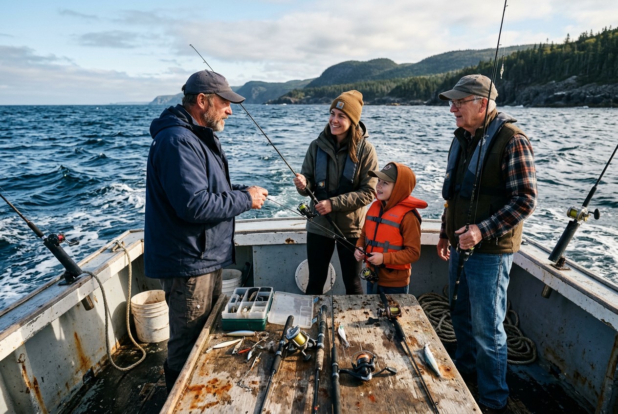 A diverse group of charter passengers—nonresident tourist, child, and senior angler—listens to a licensed guide aboard a smal