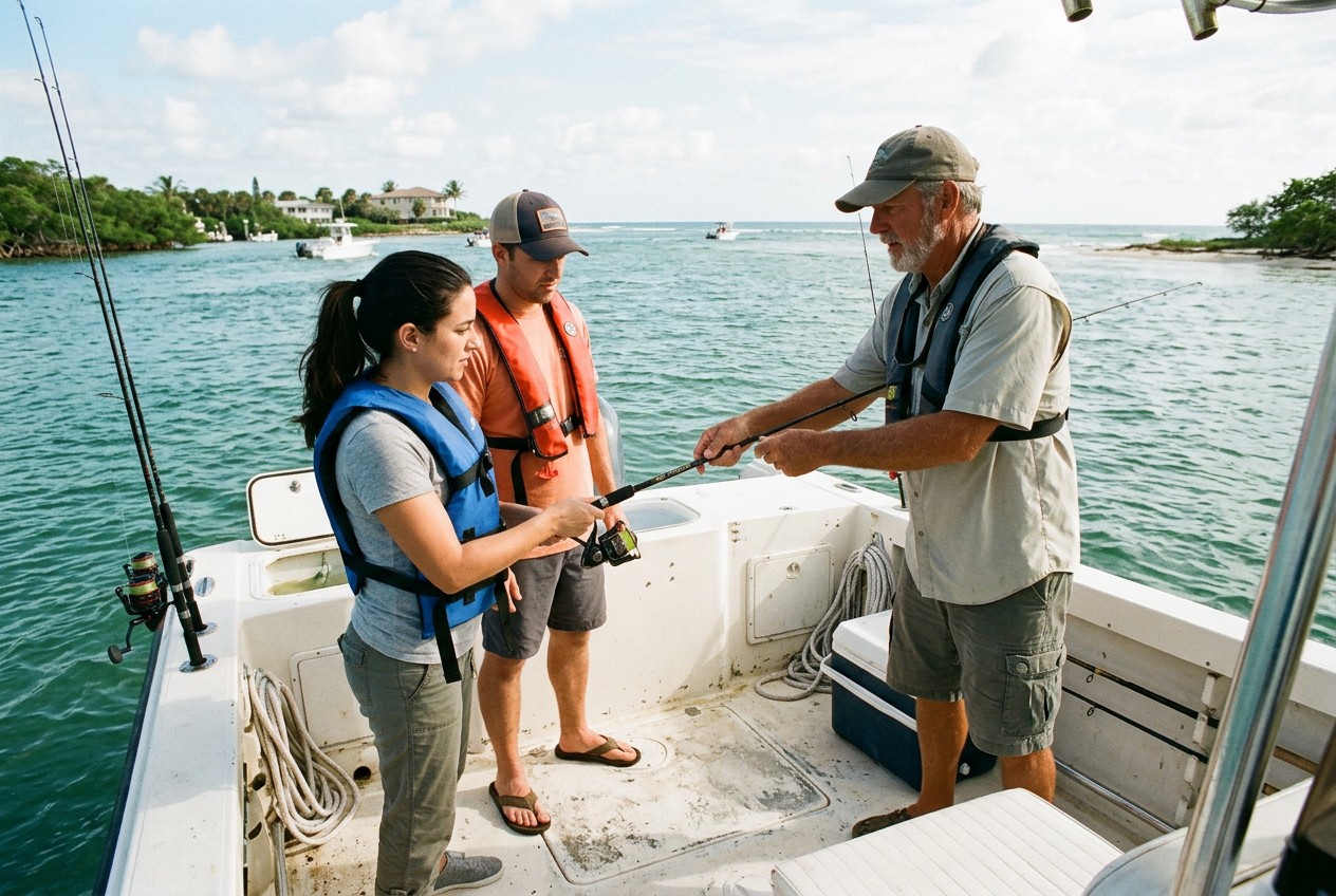 Licensed charter captain demonstrating safe rod handling and basic casting to two first-time anglers aboard a clean center-co