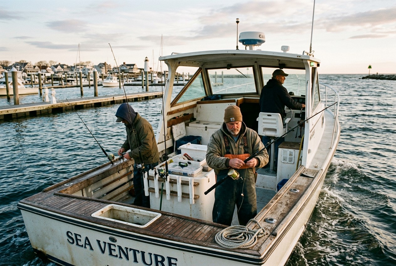 outdoor photograph of a coastal US charter boat leaving the marina, anglers preparing rods while the captain navigates throug