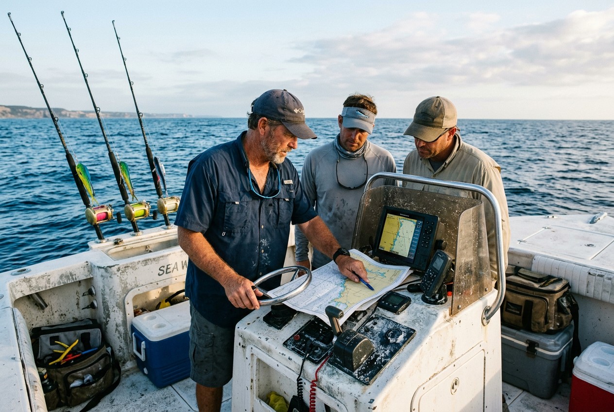 Charter captain and two anglers studying offshore fishing grounds from a center-console boat, nearshore coastline fading behi