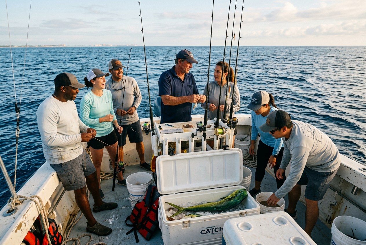 Small private fishing charter off the Florida coast, six diverse adult anglers sharing deck space as a captain organizes rods