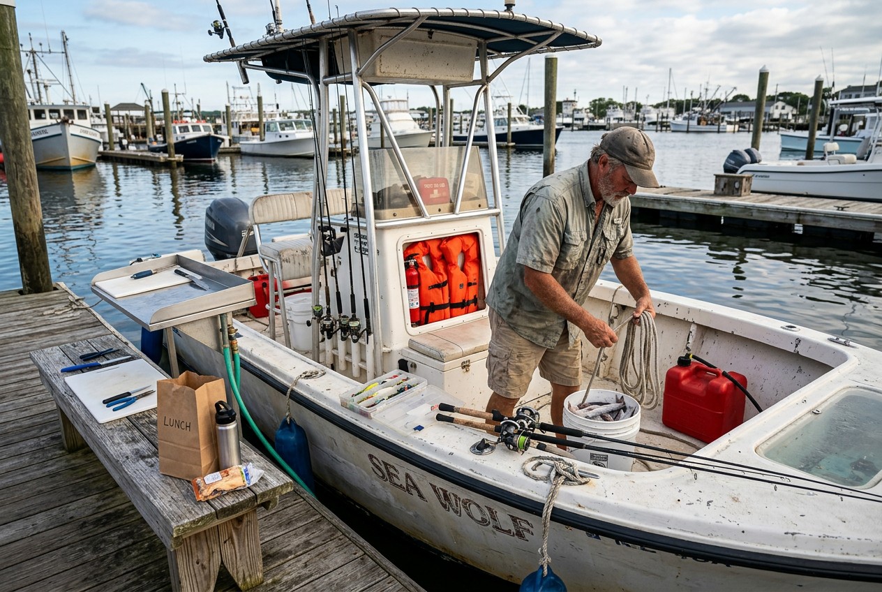 Charter captain arranging included safety gear, rods, tackle, bait, and a fuel canister on a weathered center-console boat at