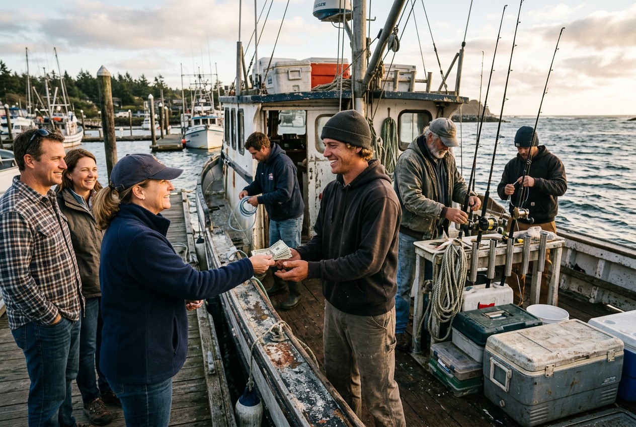Charter guests handing a cash tip to the first mate as the captain and deckhands finish securing rods and tackle on a weather