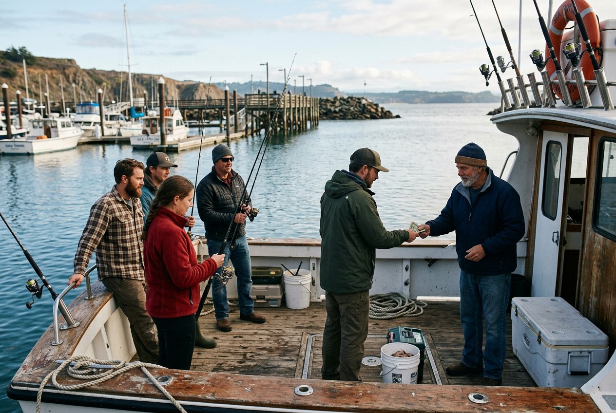 outdoor fishing photograph aboard a private coastal charter: six anglers gathered near the stern while one guest discreetly h