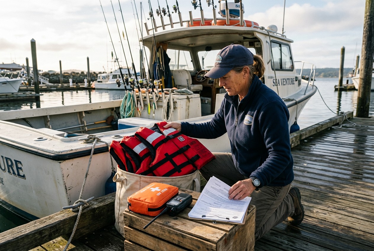 Charter captain conducting a dockside safety check beside a well-maintained coastal fishing boat, inspecting life jackets, em