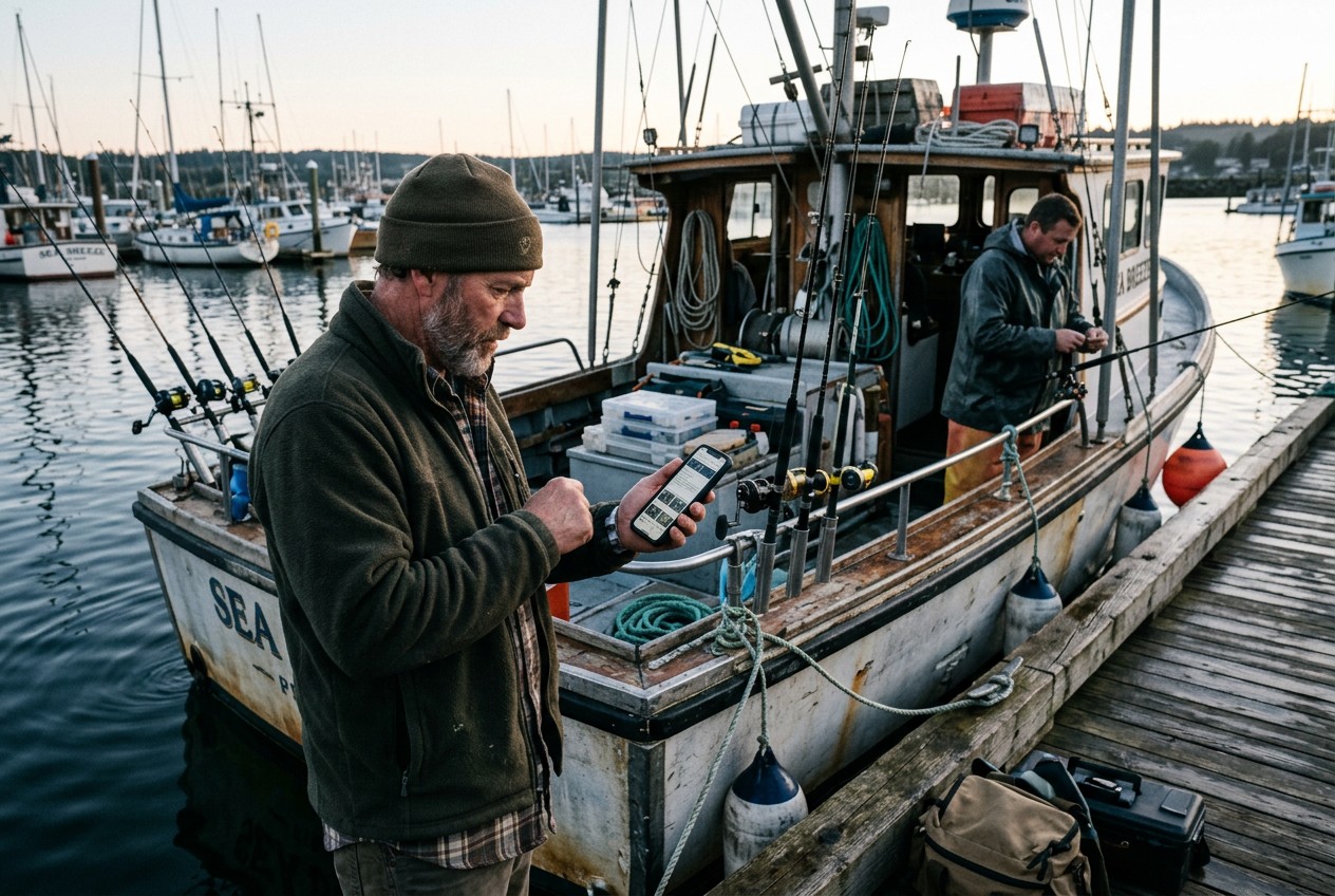 Angler at a coastal charter dock reviewing recent trip photos and notes on a smartphone with an unreadable screen, while insp