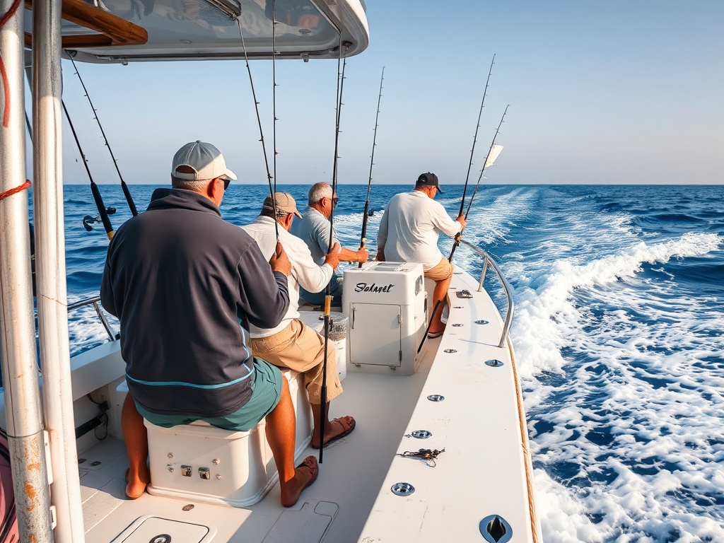 outdoor photograph of anglers aboard a coastal charter boat during a long offshore run, rods secured and lines not yet deploy