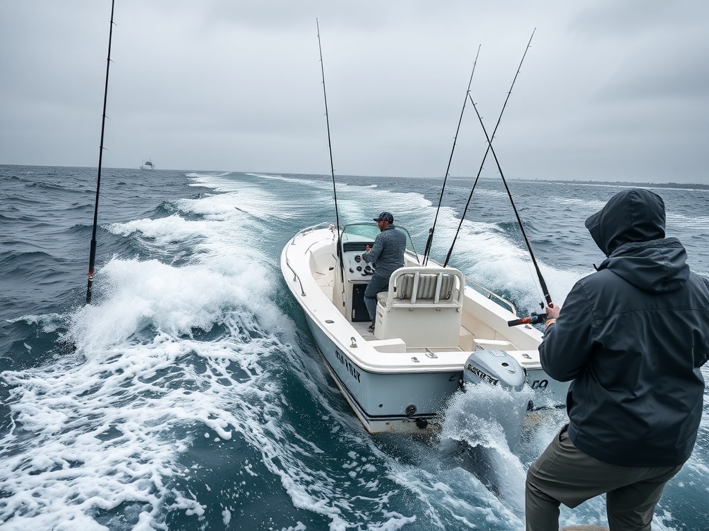 outdoor fishing photograph of a small center-console boat crossing a choppy US coastal inlet, sharp wind-driven waves opposin
