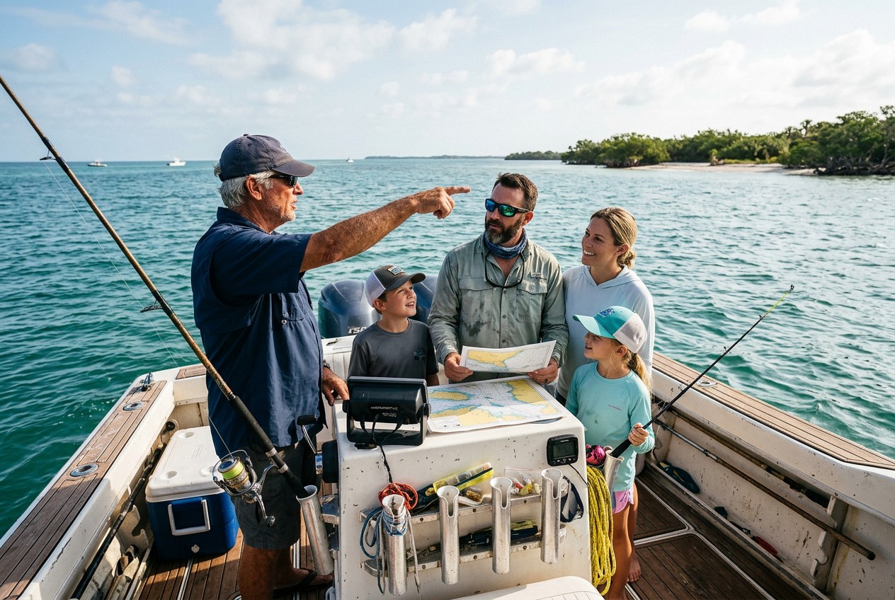 Private fishing charter off the Florida coast, family and experienced anglers collaboratively choosing the next fishing spot