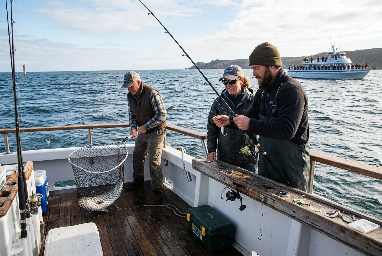 outdoor fishing photograph aboard a six-passenger coastal charter, attentive crew member baiting one angler’s hook while anot