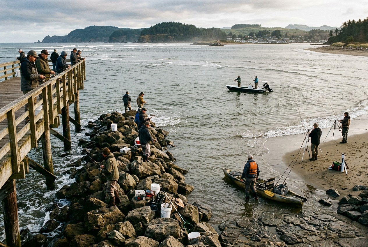Wide coastal scene showing anglers accessing inshore water from a public pier, rocky jetty, beach, and nearby kayak launch, w