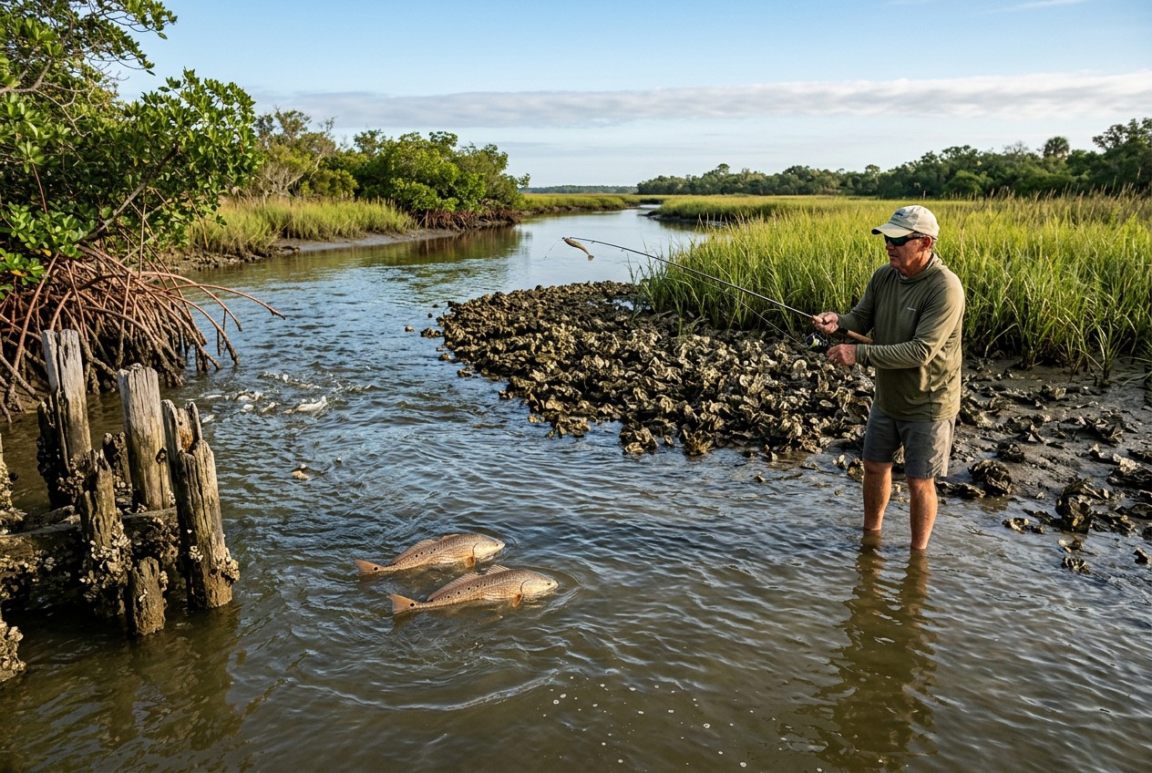 Inshore angler casting beside oyster bars and a grass-lined tidal creek on the Gulf Coast, redfish visible near submerged str