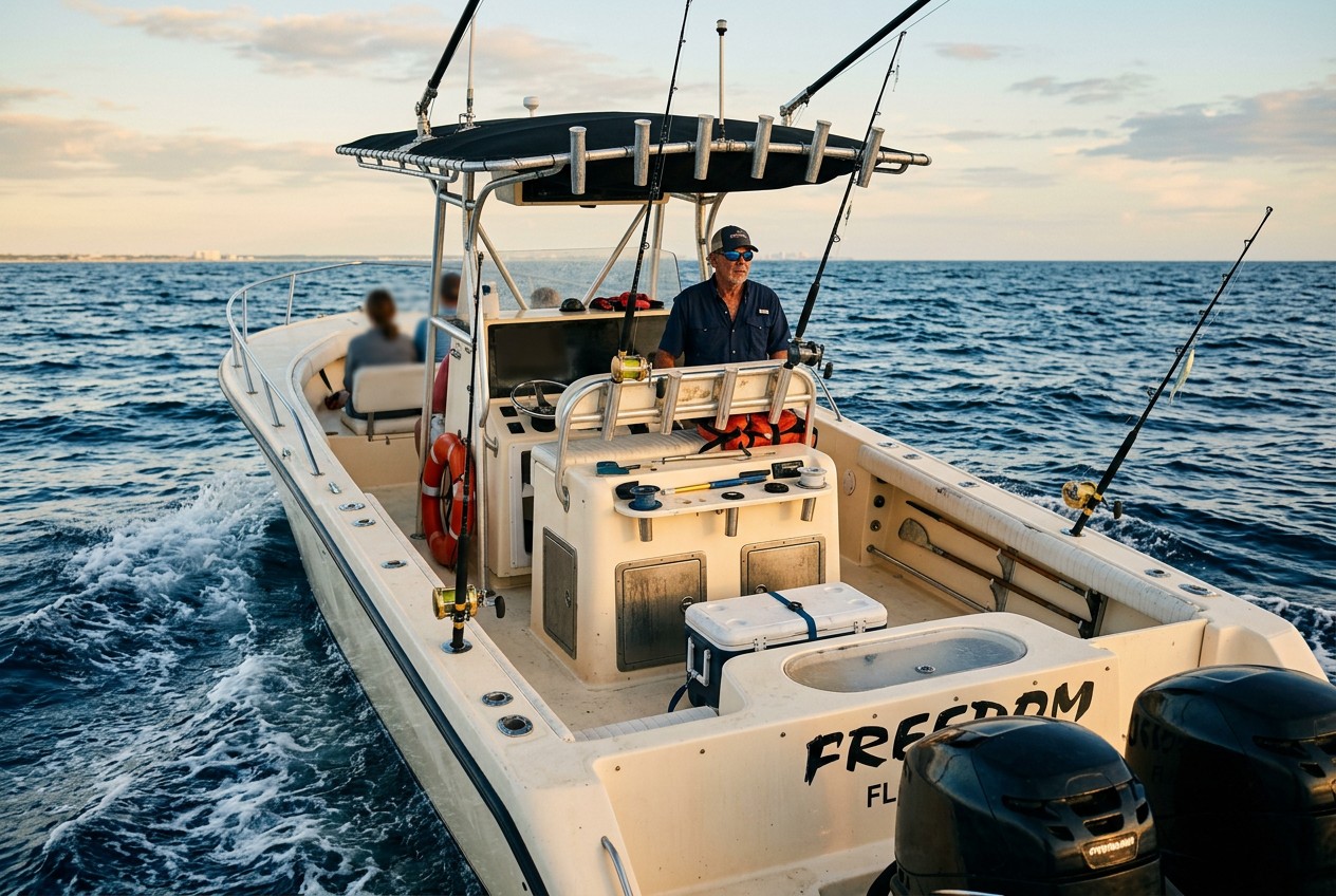 fishing photograph of an offshore charter boat off the Florida coast, early morning directional light, spacious clear deck, s