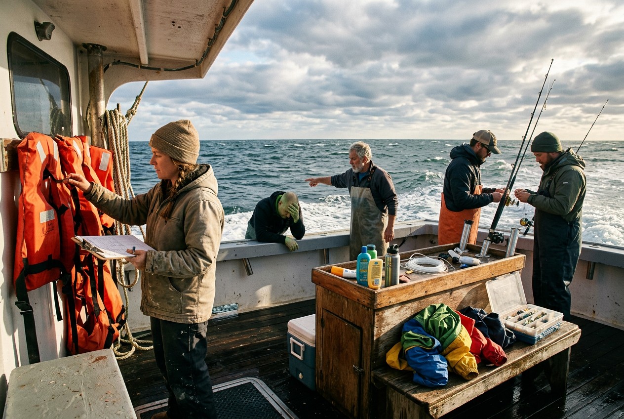 outdoor photograph aboard a weathered US coastal charter boat offshore, deckhand checking life jackets as anglers secure rods