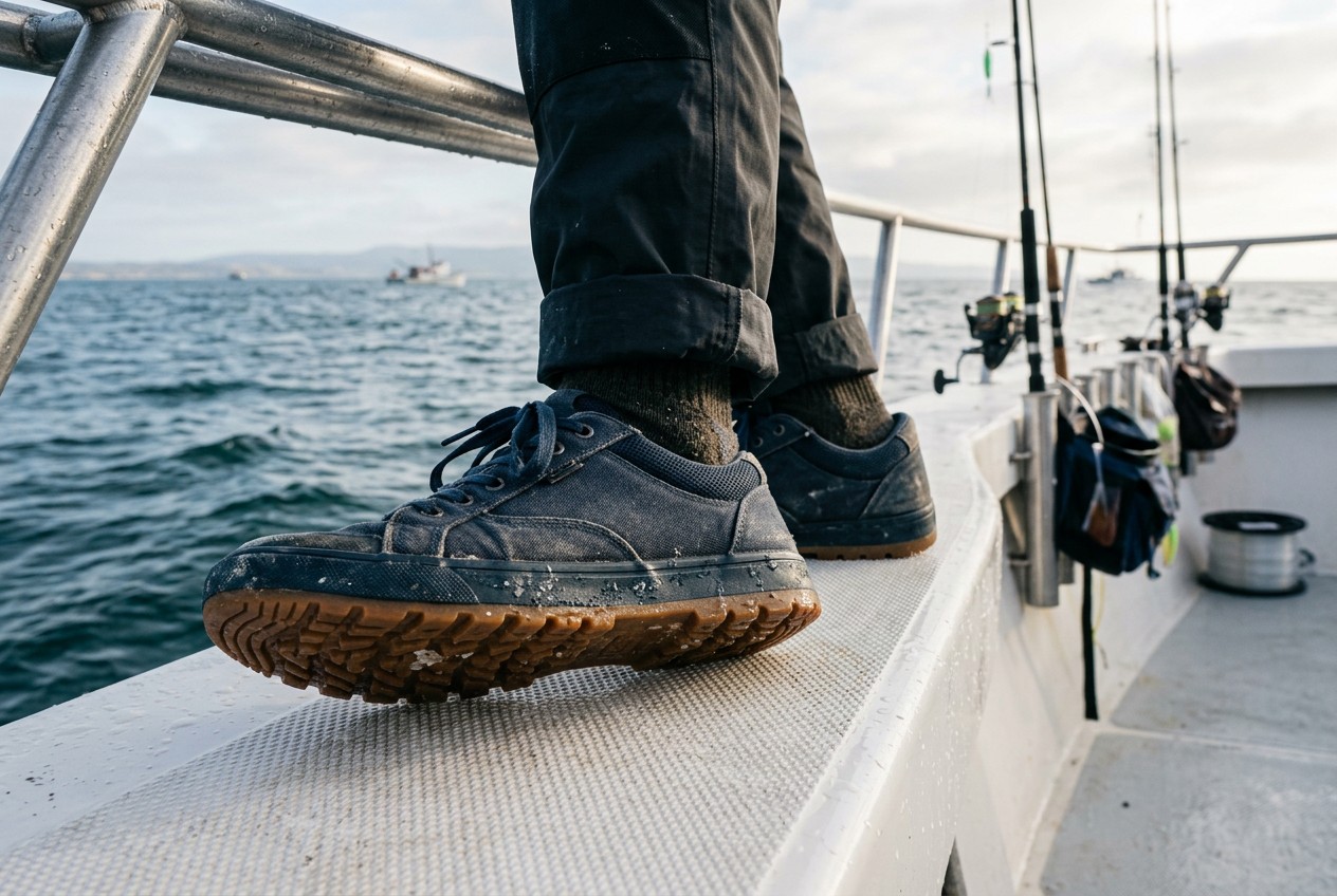Close-up photograph of an angler’s closed-toe deck sneakers with non-slip rubber soles gripping a wet charter boat deck, fish