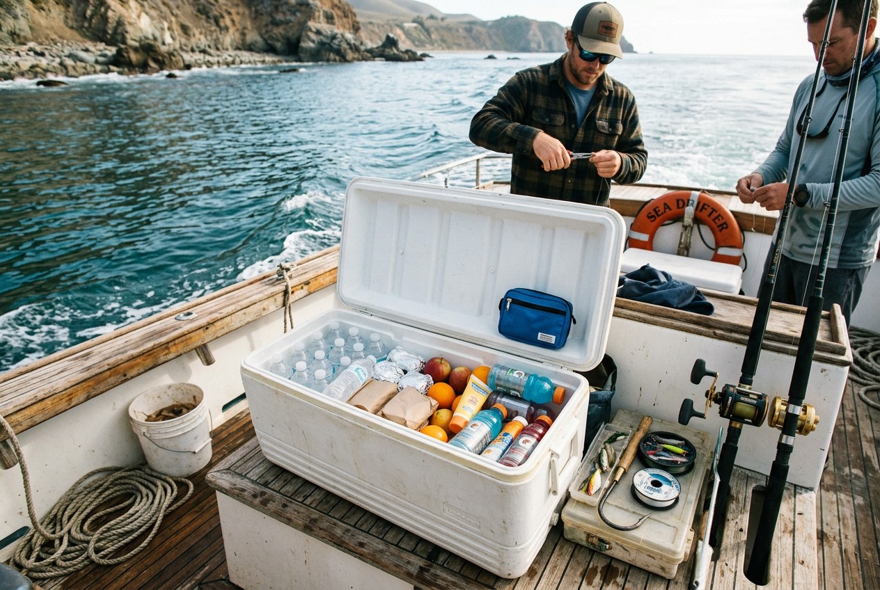 Open charter-boat cooler packed with water bottles, simple sandwiches, fruit, electrolyte drinks, sunscreen, and a small pers