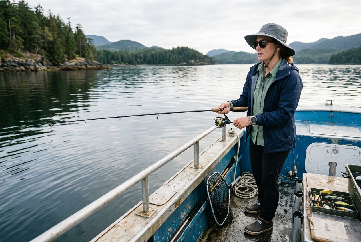 outdoor fishing photograph aboard a small inshore charter in a protected coastal bay, angler wearing quick-dry shirt, lightwe