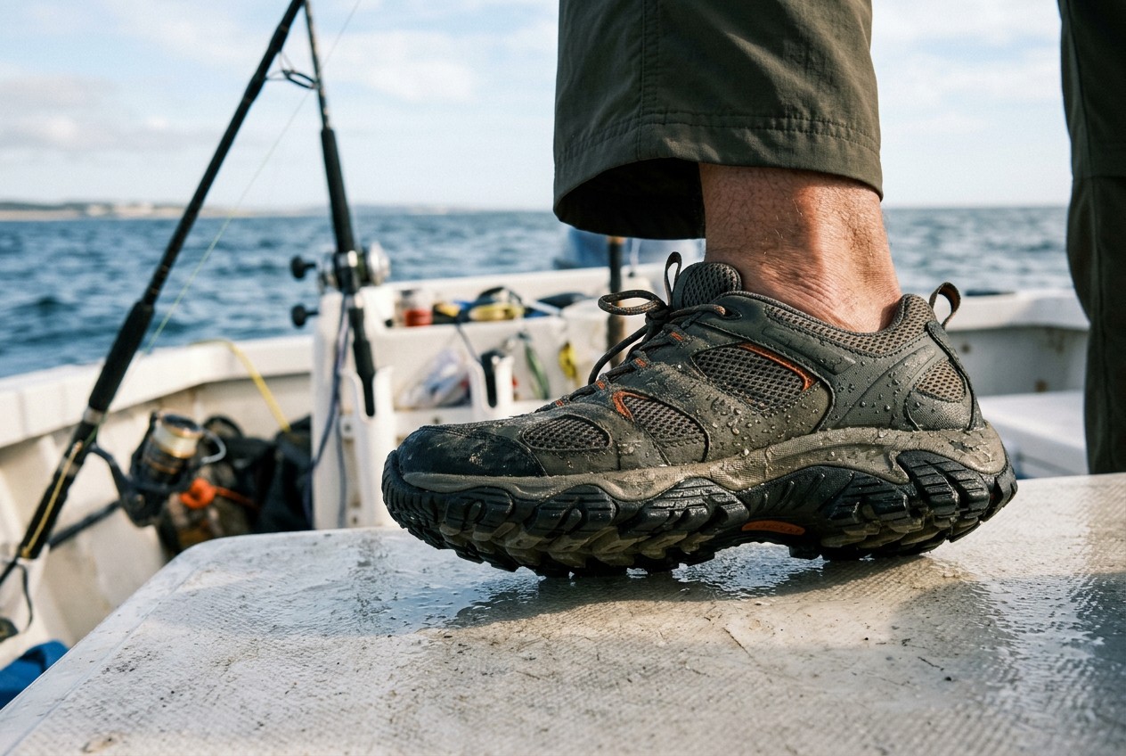 Close-up photograph of an angler’s closed-toe fishing shoes gripping a wet fiberglass charter boat deck, water-channeling non